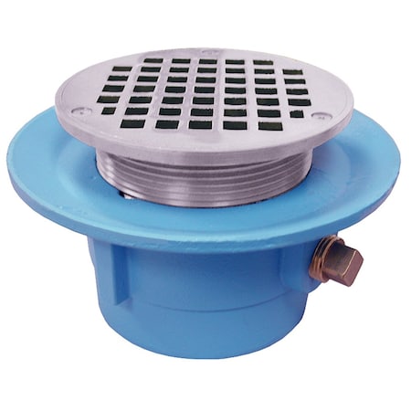 Jones Stephens 2in No Hub Code Blue Slab Drain, 7in Pan, 6in Chrome Plated Round Strainer, Height 4in - 5-3/8in D67023